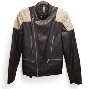 ZARA Man Blue & White Leather Biker Jacket Sz Large Buckle Strap Moto NICE!!